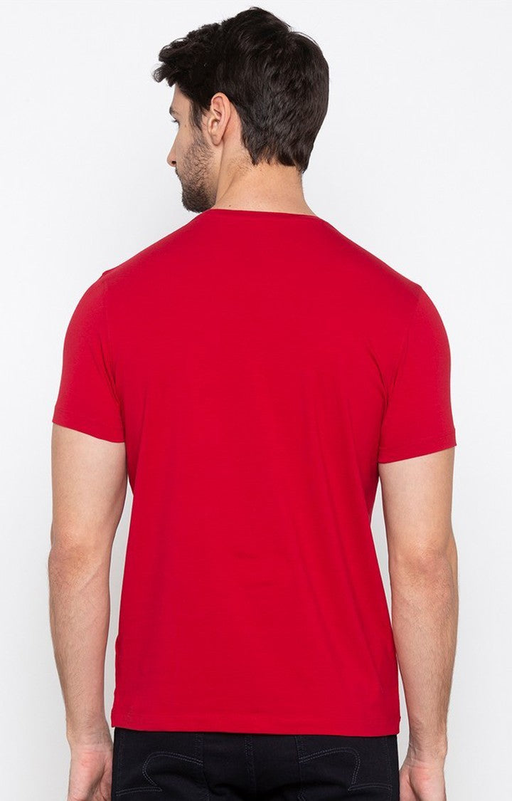 Spykar Red Cotton Slim Fit T-Shirt For Men