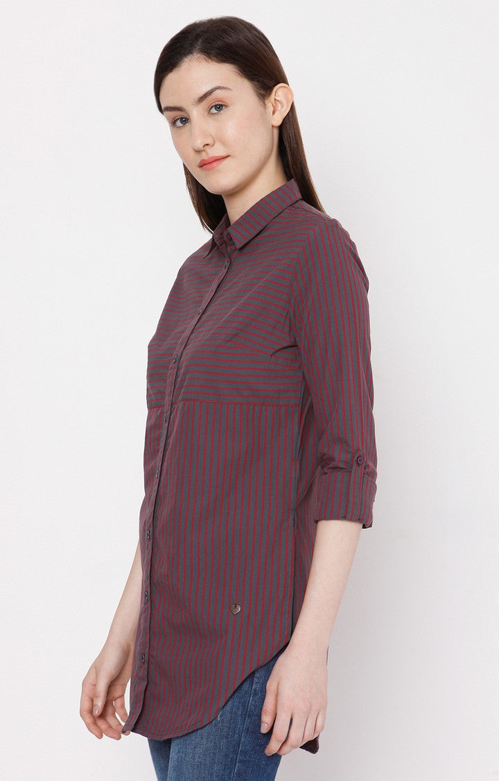 Spykar Women Mauve Cotton Regular Fit Striped Shirt