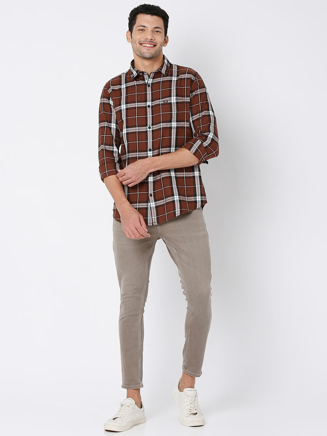 Spykar Men Brown Cotton Slim Fit Checkered Shirt