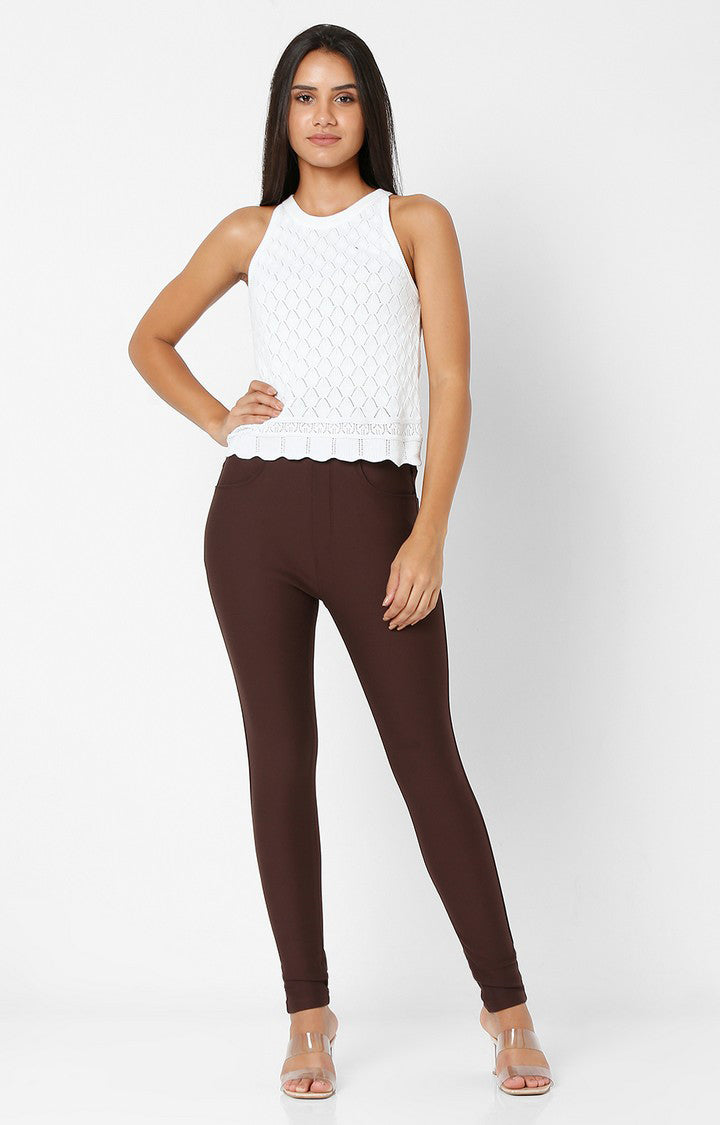 Spykar Women Brown Cotton Skinny Fit Mid Rise Jeggings