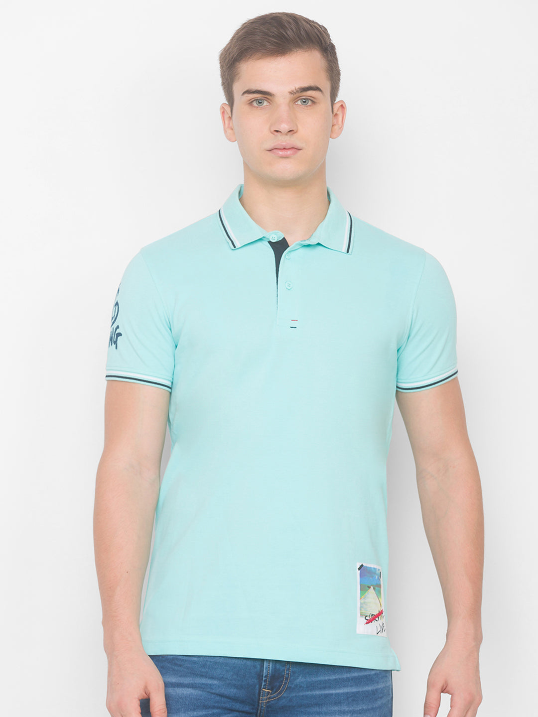 Spykar Men Blue Cotton Slim Fit Polo T-Shirt