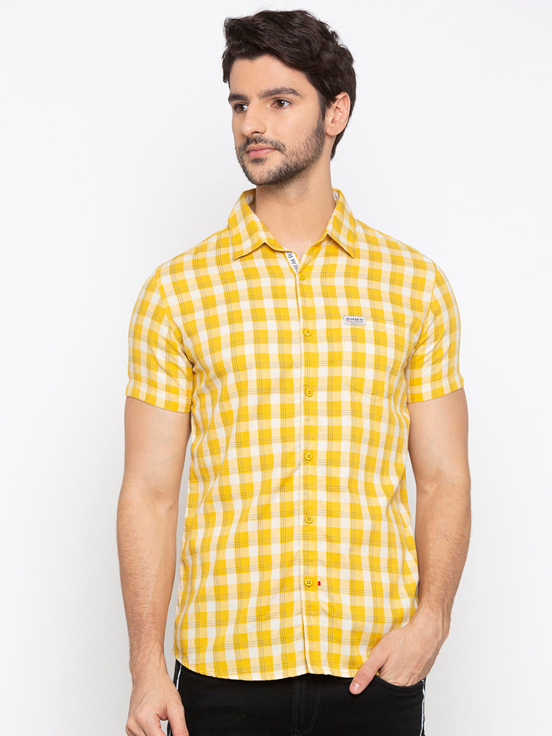 Spykar Men Yellow Checked Slim Fit Casual Shirt