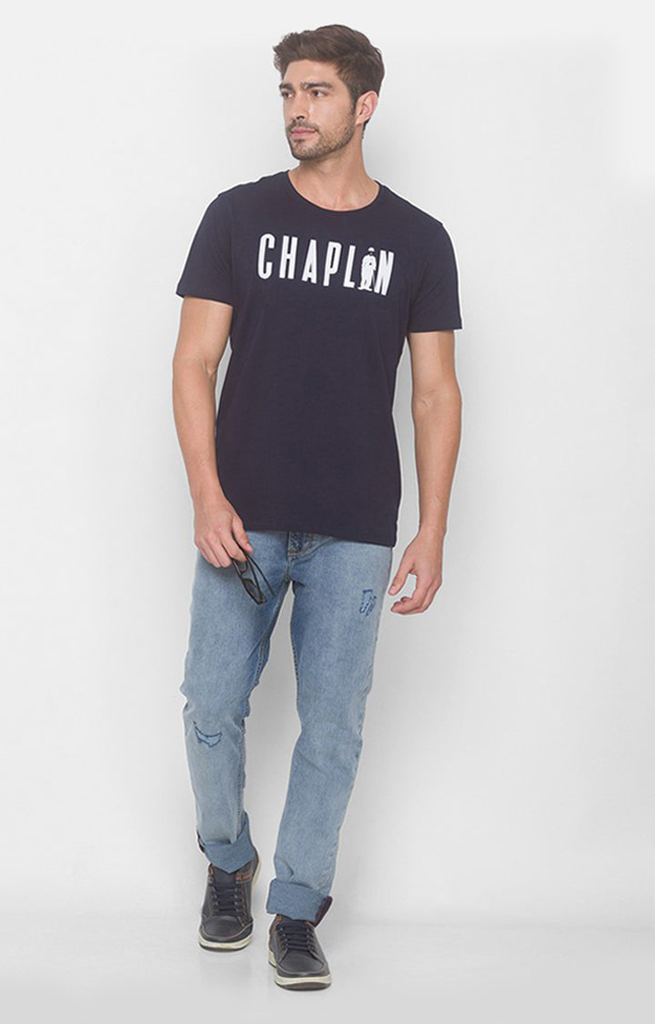 Charlie Chaplin Spykar Men Navy Blue Cotton Slim Fit Round Neck Printed T-Shirt