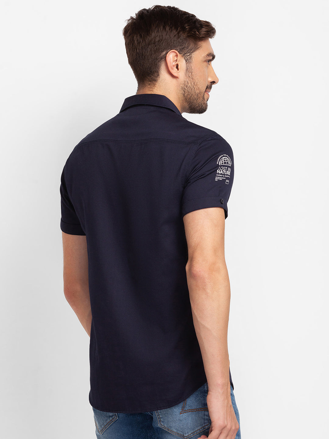 Spykar Navy Blue Cotton Half Sleeve Plain Shirt For Men