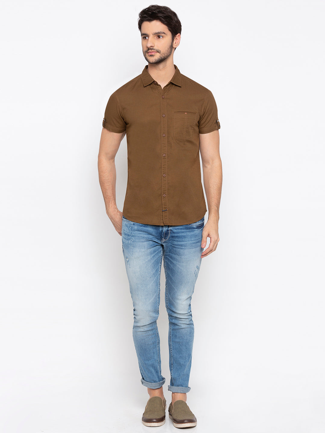 Spykar Men Brown Solid Casual Shirt