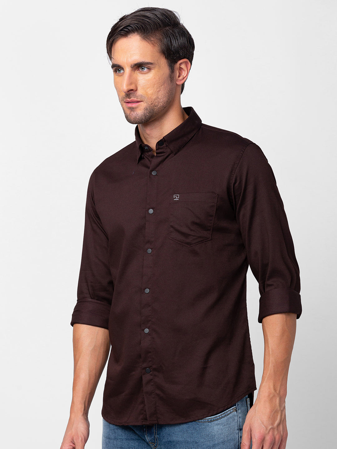 Spykar Men Coffee Brown Cotton Slim Fit Plain Shirt