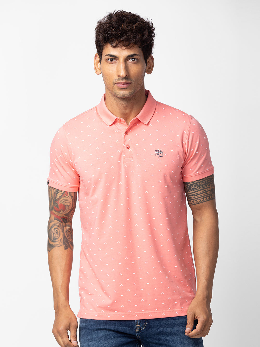 Spykar Men Peach Pink Cotton Regular Fit Half Sleeve Printed Polo T-Shirt