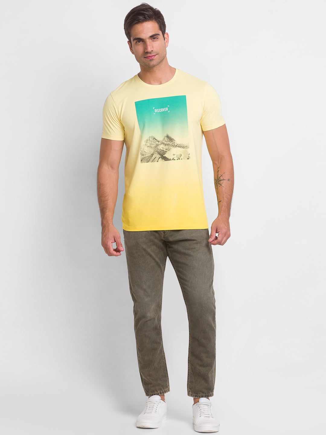 Spykar Butter Yellow Cotton Half Sleeve Printed Casual T-Shirt For Men