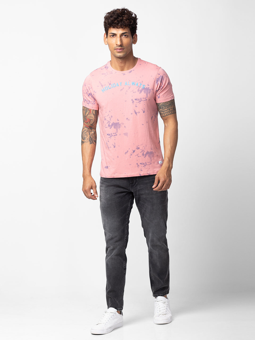 Spykar Men Dusty Pink Cotton Regular Fit Half Sleeve Printed T-Shirt