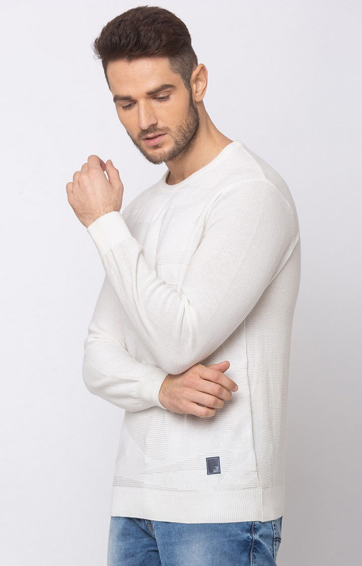 Spykar Men White Cotton Round Neck Full Sleeve Sweater