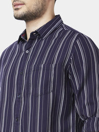 Spykar Men Navy Blue Cotton Slim Fit Full Sleeve Striped Shirt