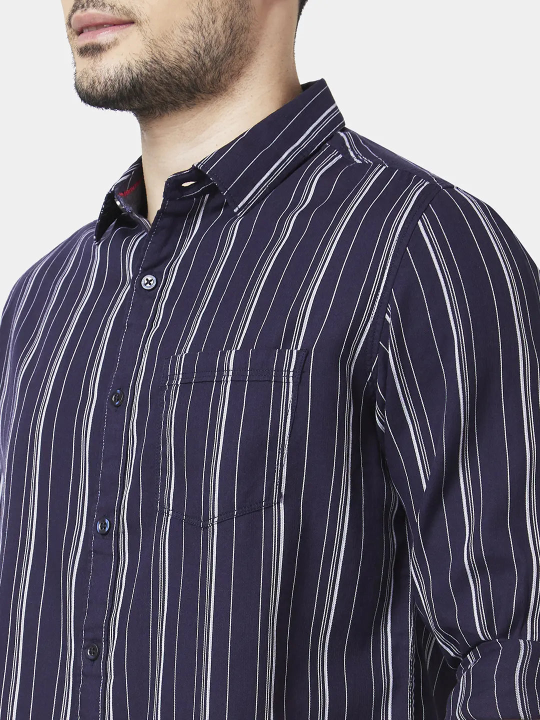Spykar Men Navy Blue Cotton Slim Fit Full Sleeve Striped Shirt
