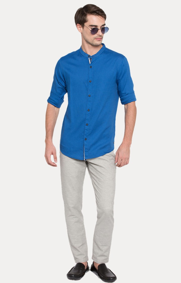 Spykar Men'S Blue Cotton Solid Casual Shirts