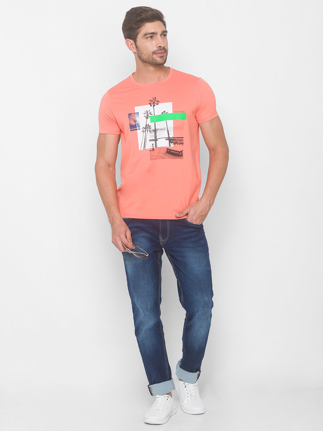 Spykar Men Pink Cotton Slim Fit Round Neck T-Shirt