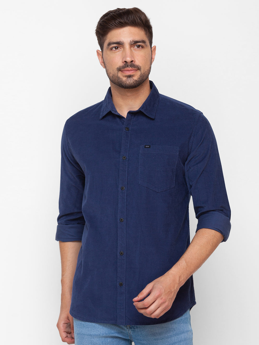 Spykar Indigo Blue Cotton Full Sleeve Plain Shirt For Men