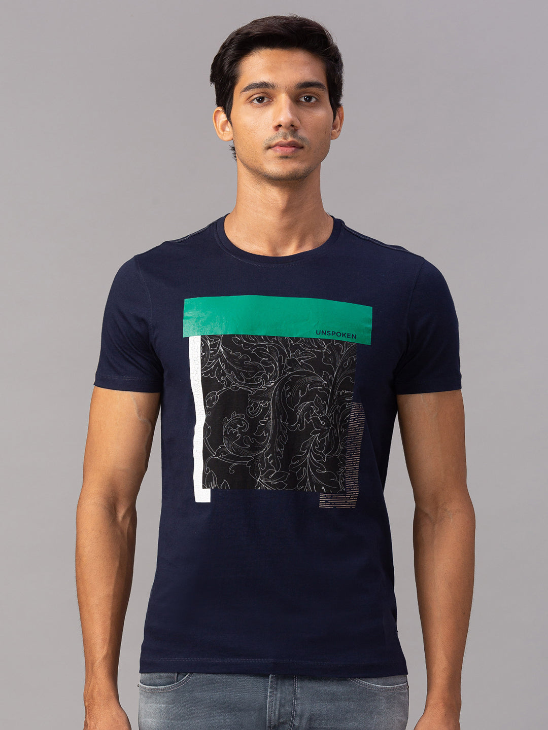 Spykar Men Blue Cotton Slim Fit Round Neck T-Shirt