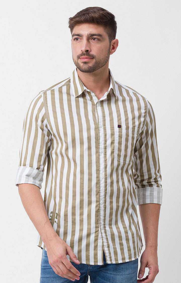 Spykar Khaki Cotton Full Sleeve Stripes Shirt For Men