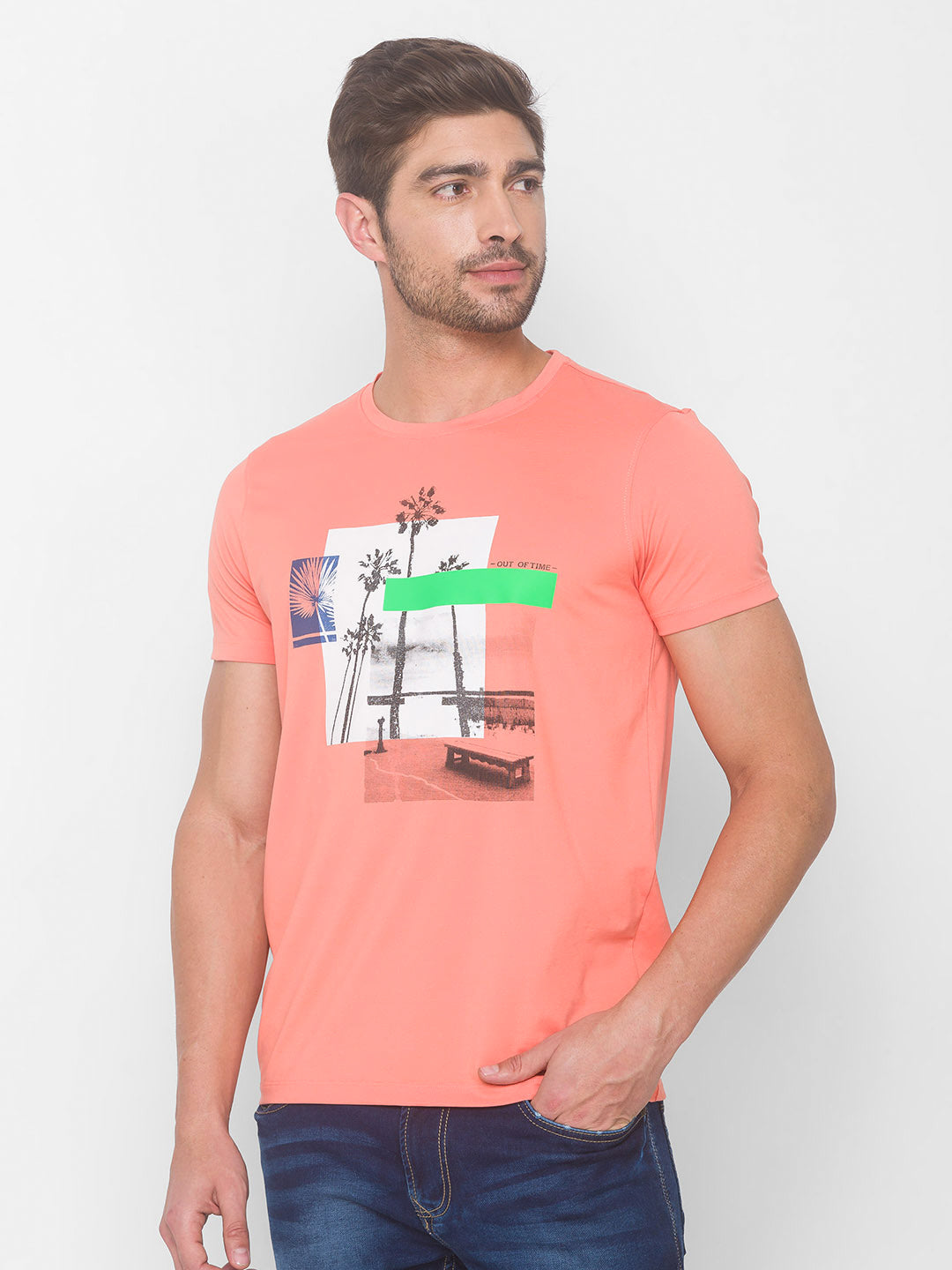 Spykar Men Pink Cotton Slim Fit Round Neck T-Shirt