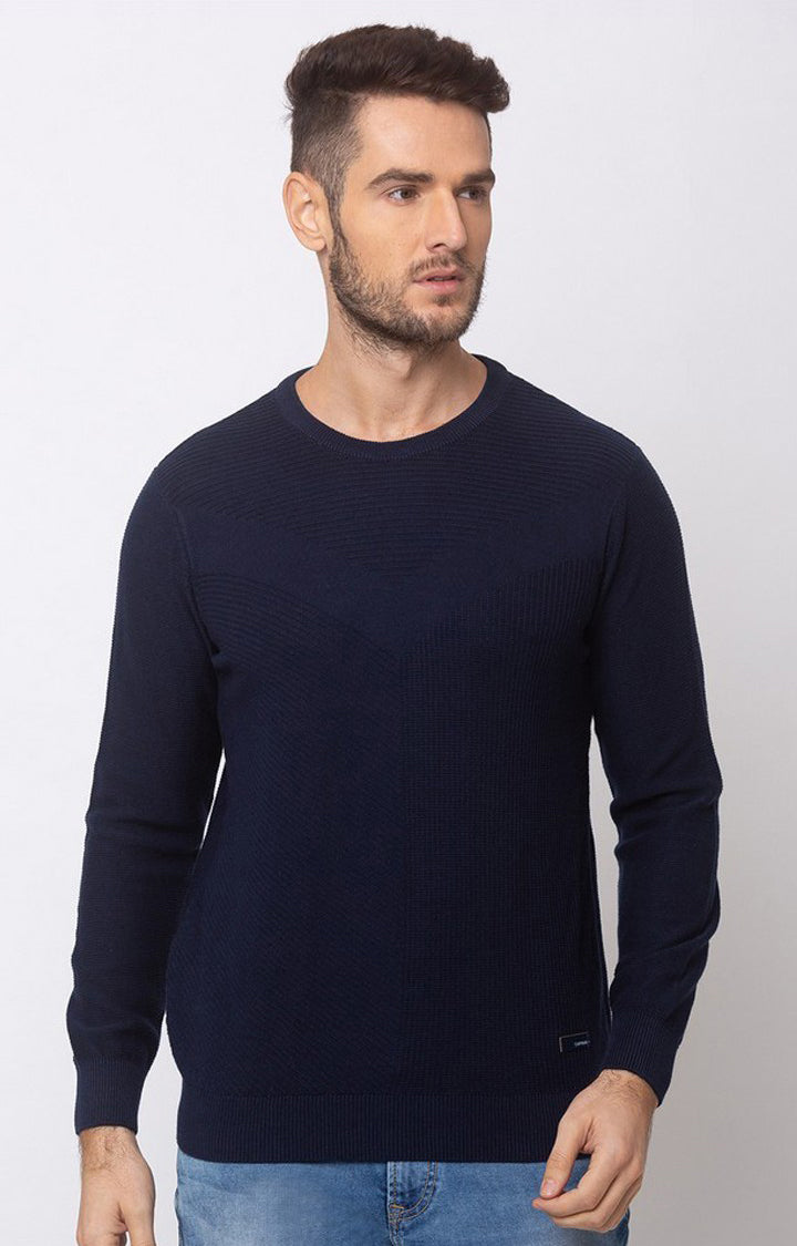 Spykar Navy Blue Cotton Regular Fit Sweater For Men