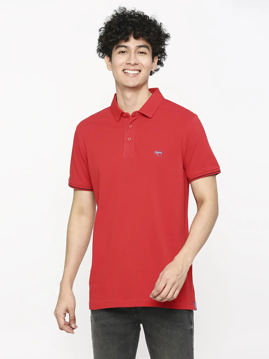 Spykar Men True Red Cotton Slim Fit Plain Polo Neck Tshirt