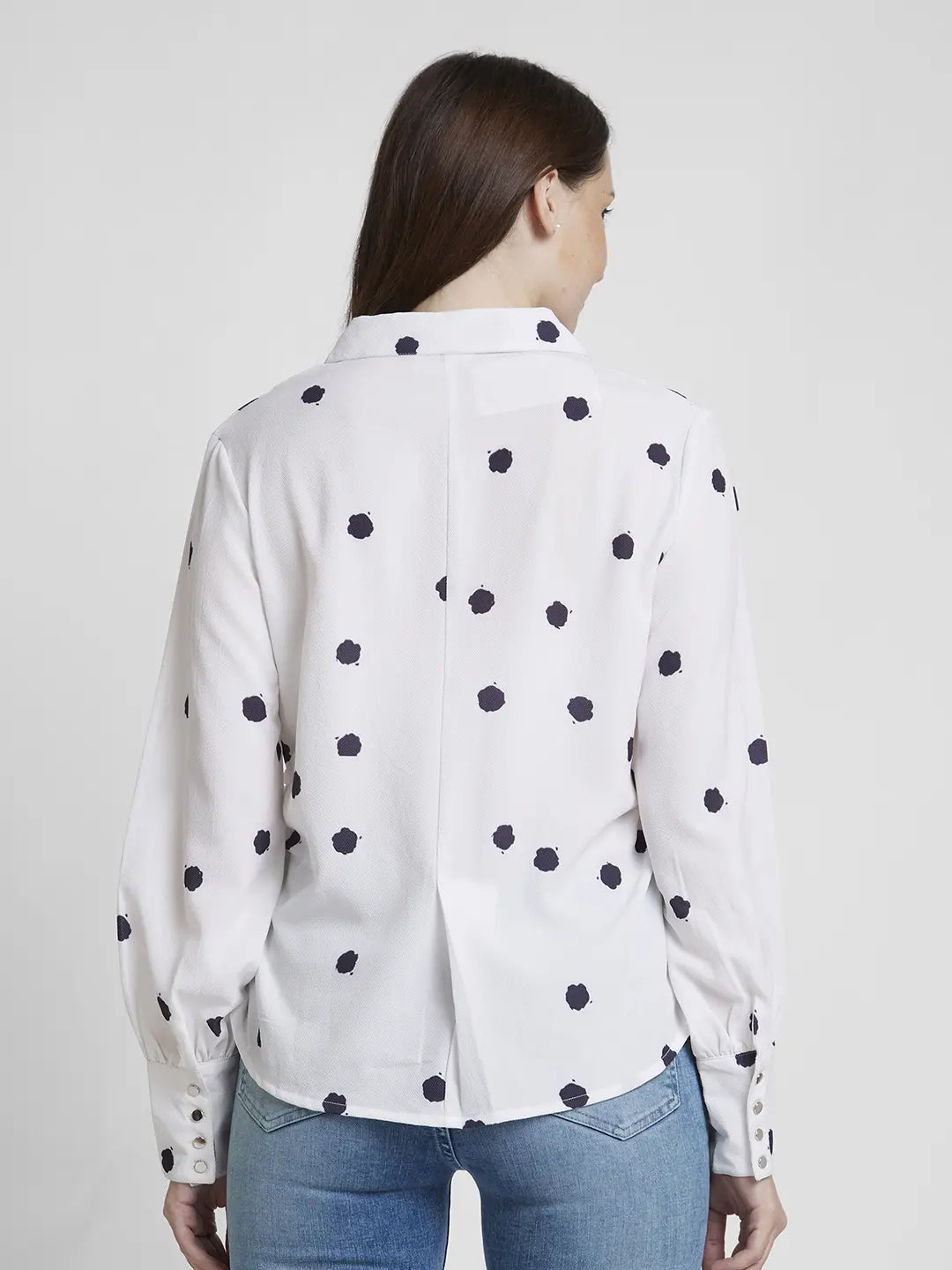 Spykar Women White Cotton Regular Fit Full Sleeve Printed Shirt