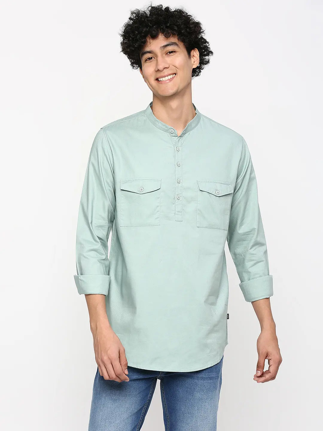 Spykar Men Sage Green Cotton Slim Fit M and arin Collar Plain Kurta