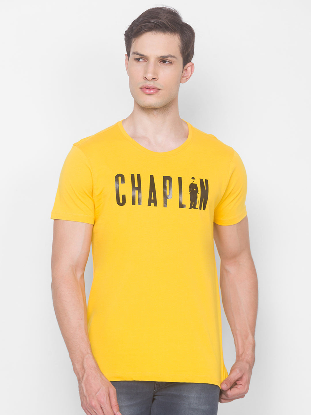 Charlie Chaplin Spykar Men Yellow Cotton Slim Fit Round Neck T-Shirt