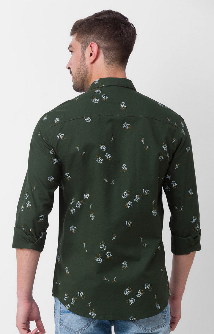 Spykar Olive Green Cotton Full Sleeve Printed Shirt For Men