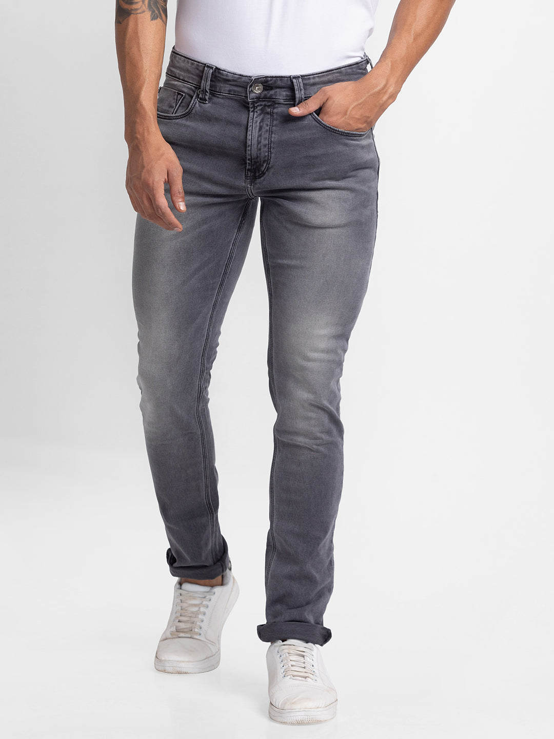 Spykar Light Grey Cotton Regular Fit Narrow Length Jeans For Men (Rover)