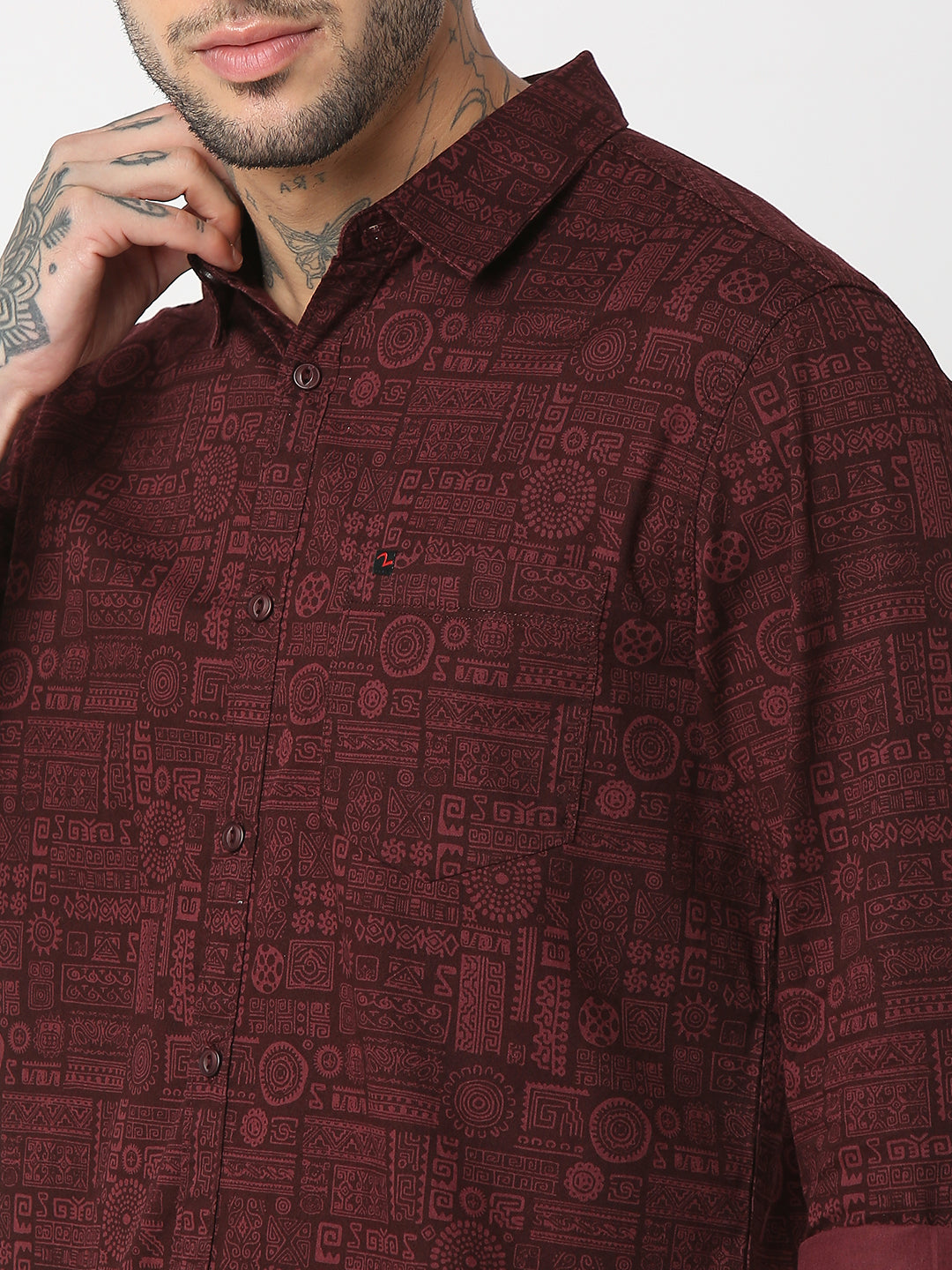 Spykar Men Wine Red Cotton Slim Fit Printed Shirts