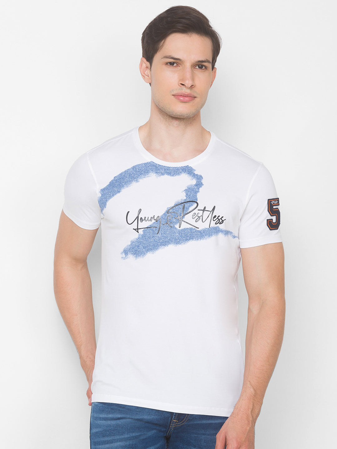 Spykar Men White Cotton Slim Fit Round Neck T-Shirt