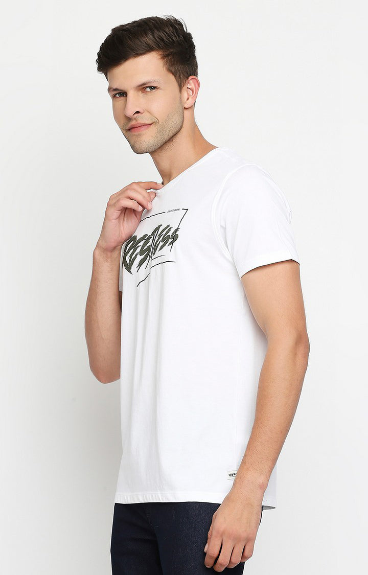 Spykar Men White Cotton Slim Fit Round Neck T-Shirt