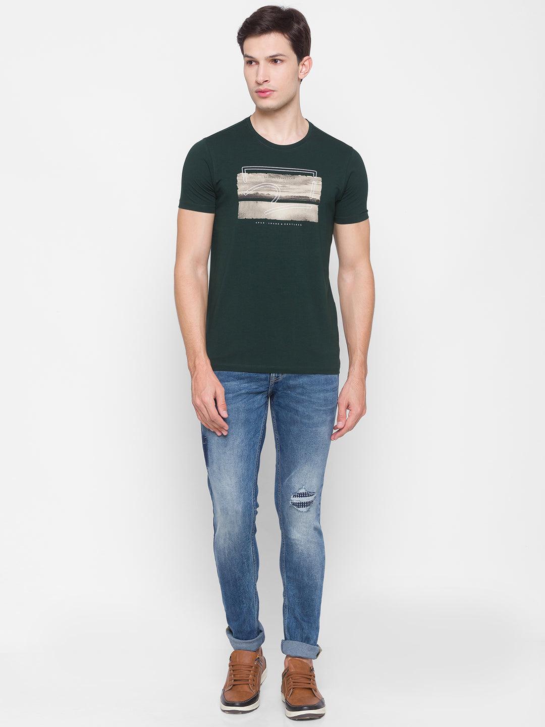 Spykar Green Cotton Men T-Shirt