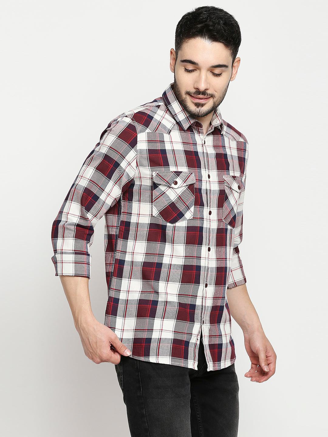 Spykar Men Maroon Cotton Slim Fit Full Sleeve Checkered Shirt