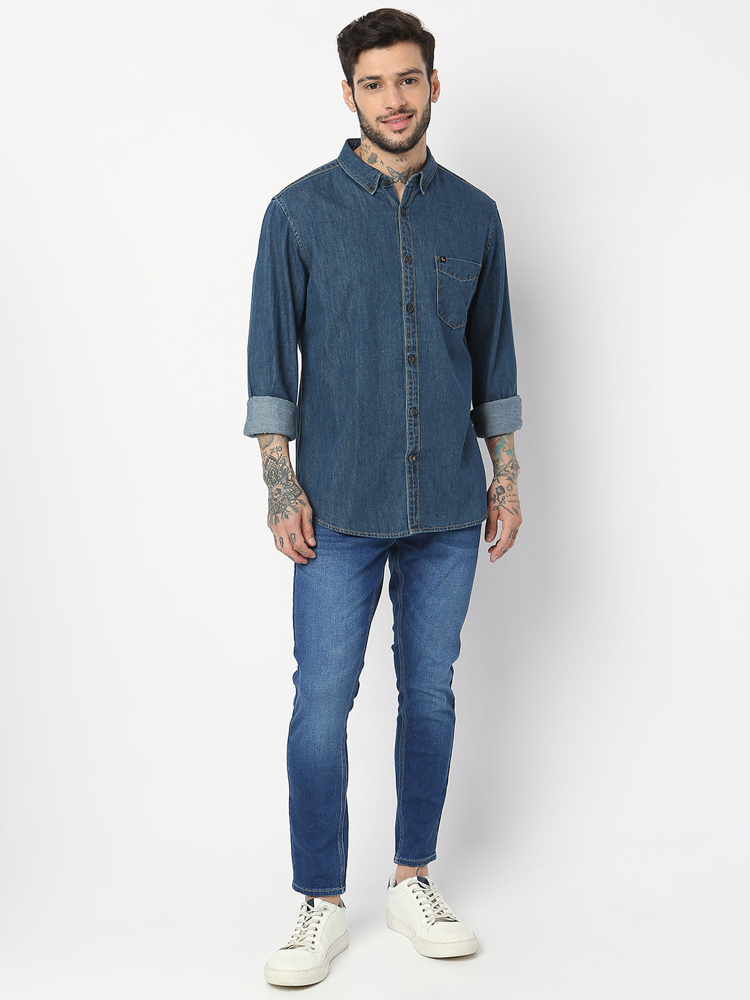 Spykar Men Dark Blue Cotton Slim Fit Denim Shirts