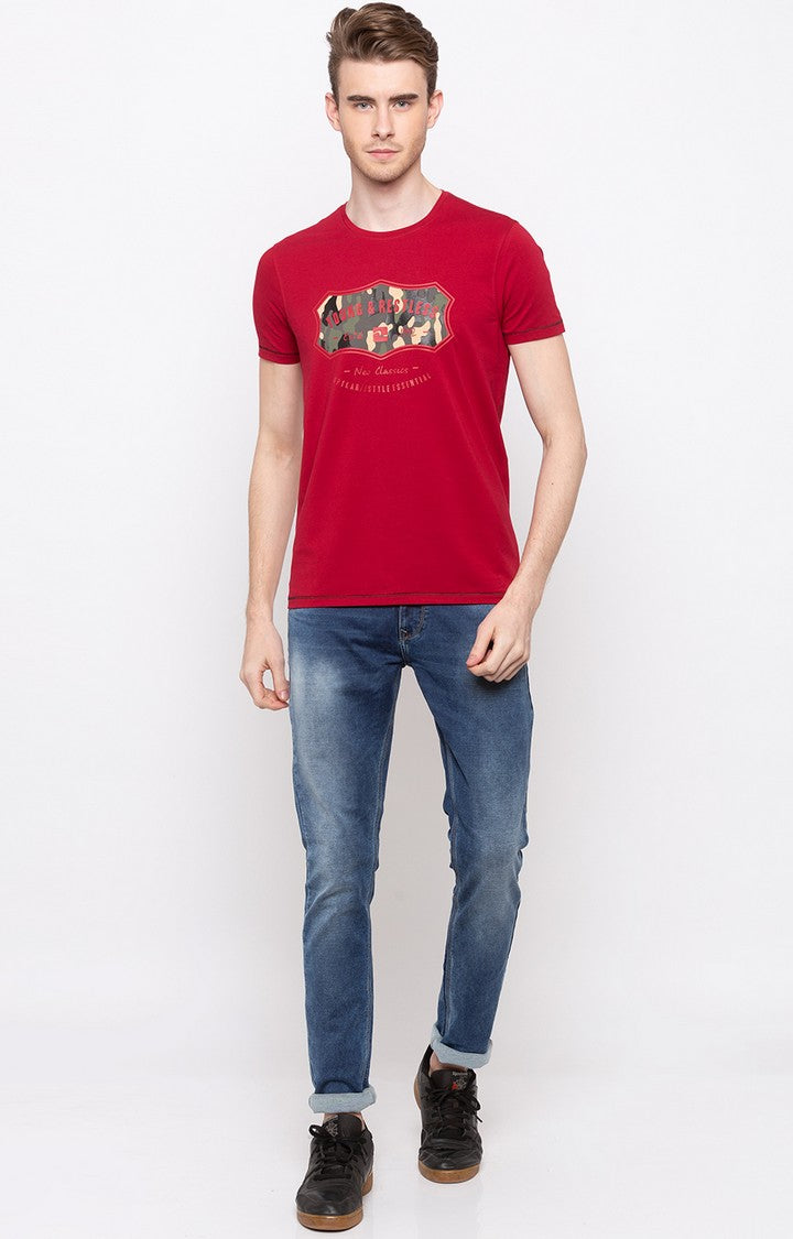 Spykar Red Printed Slim Fit Men T-Shirts