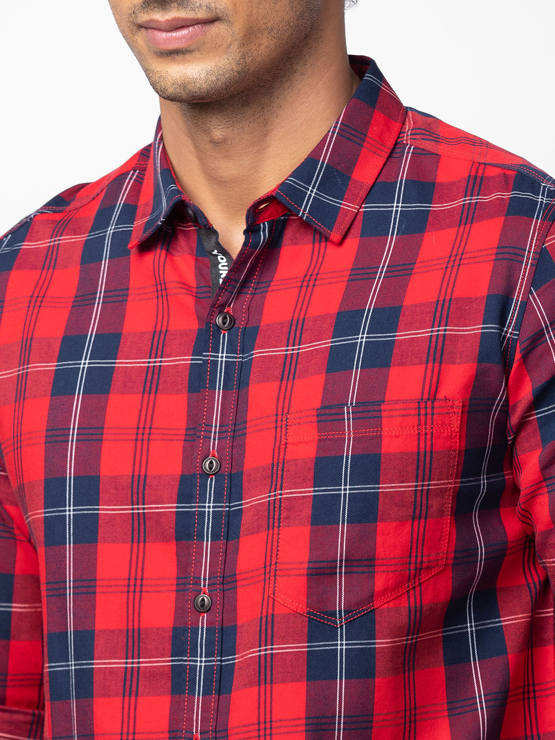 Spykar Men Red Cotton Slim Fit Checkered Shirt