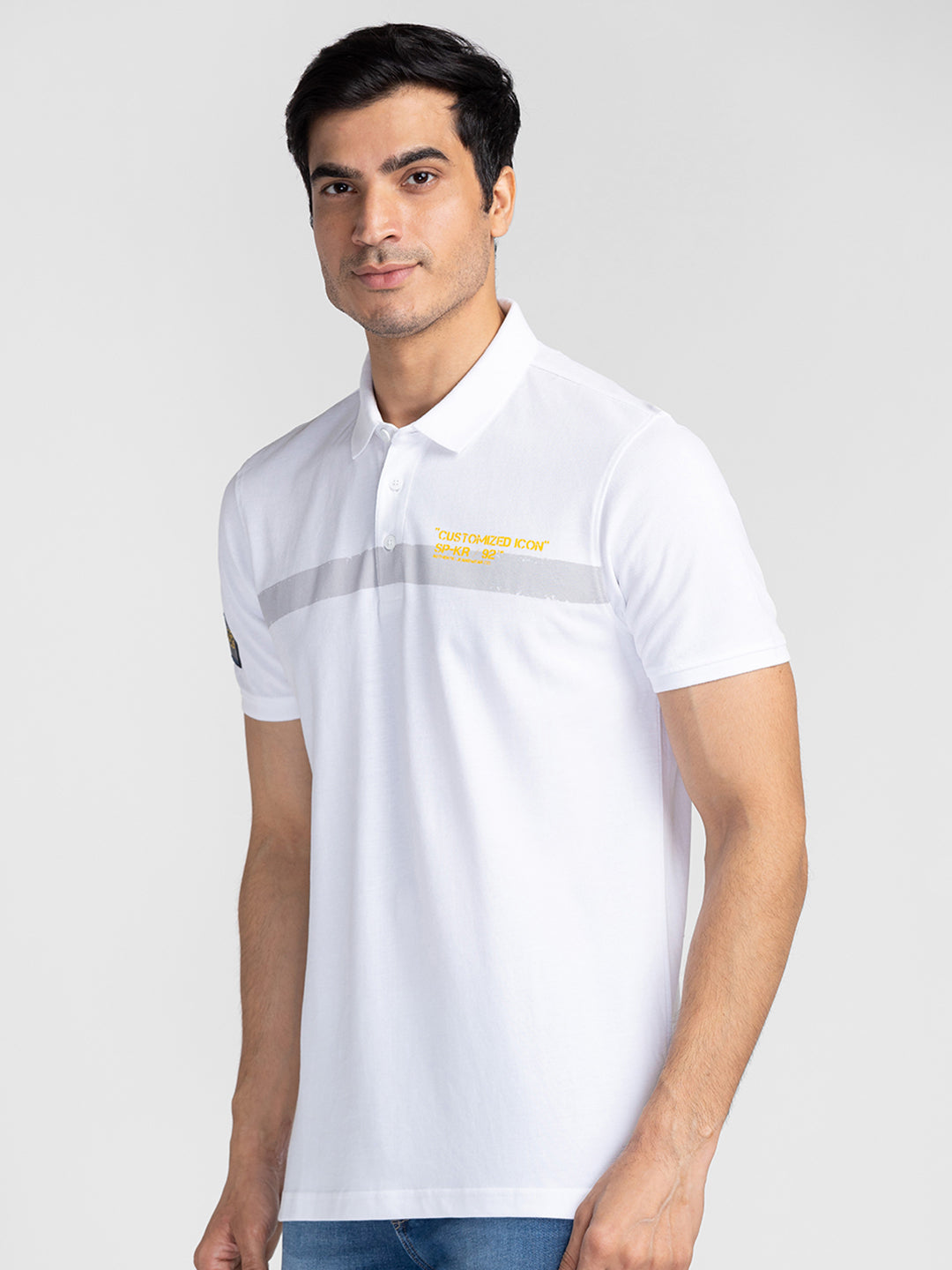 Spykar Men White Cotton Slim Fit Polo Printed T-Shirt