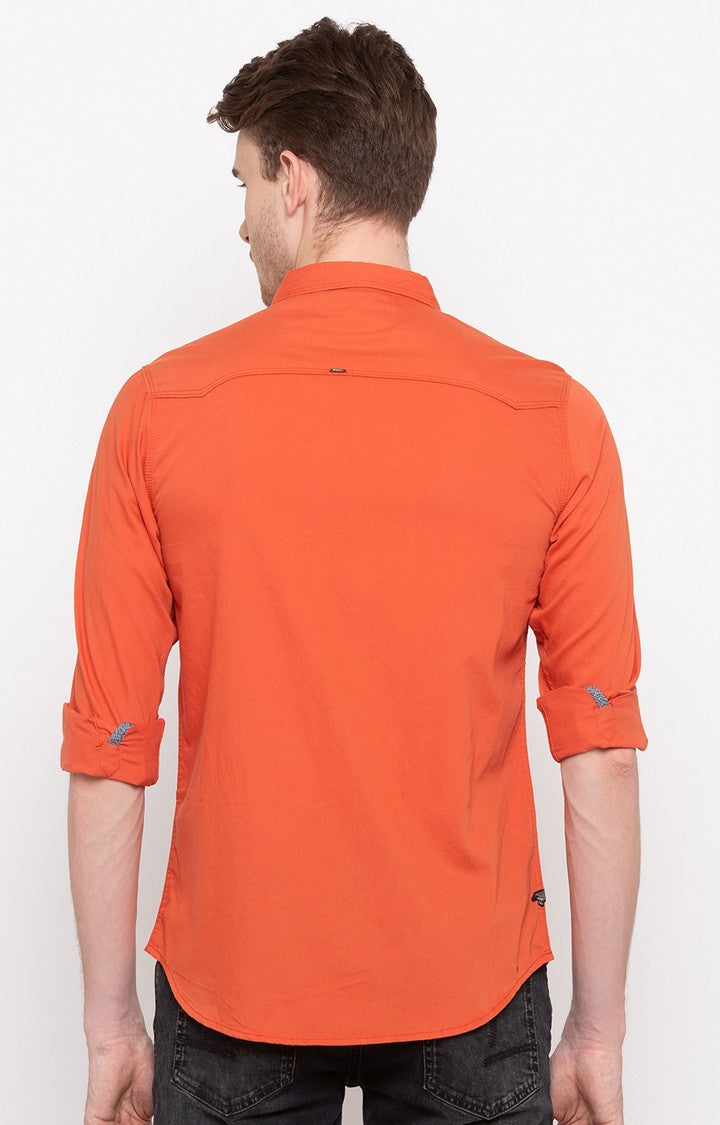 Spykar Men'S Orange Cotton Solid Casual Shirts