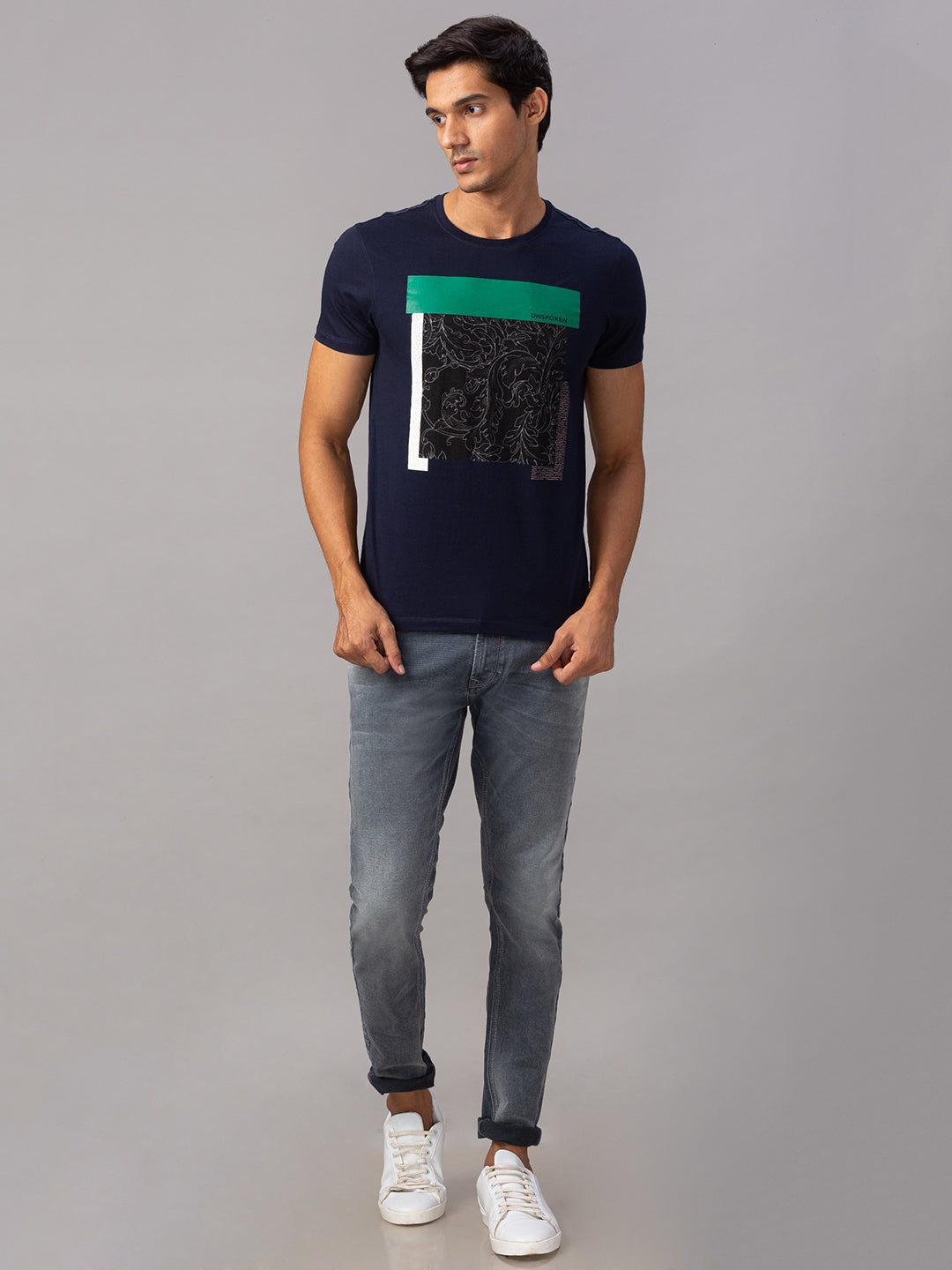 Spykar Men Blue Cotton Slim Fit Round Neck T-Shirt