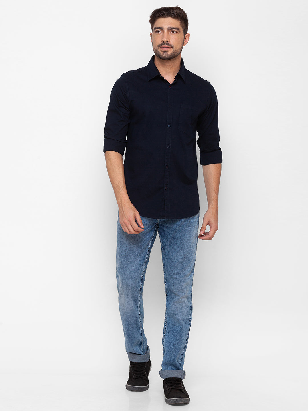 Spykar Navy Blue Cotton Full Sleeve Plain Shirt For Men