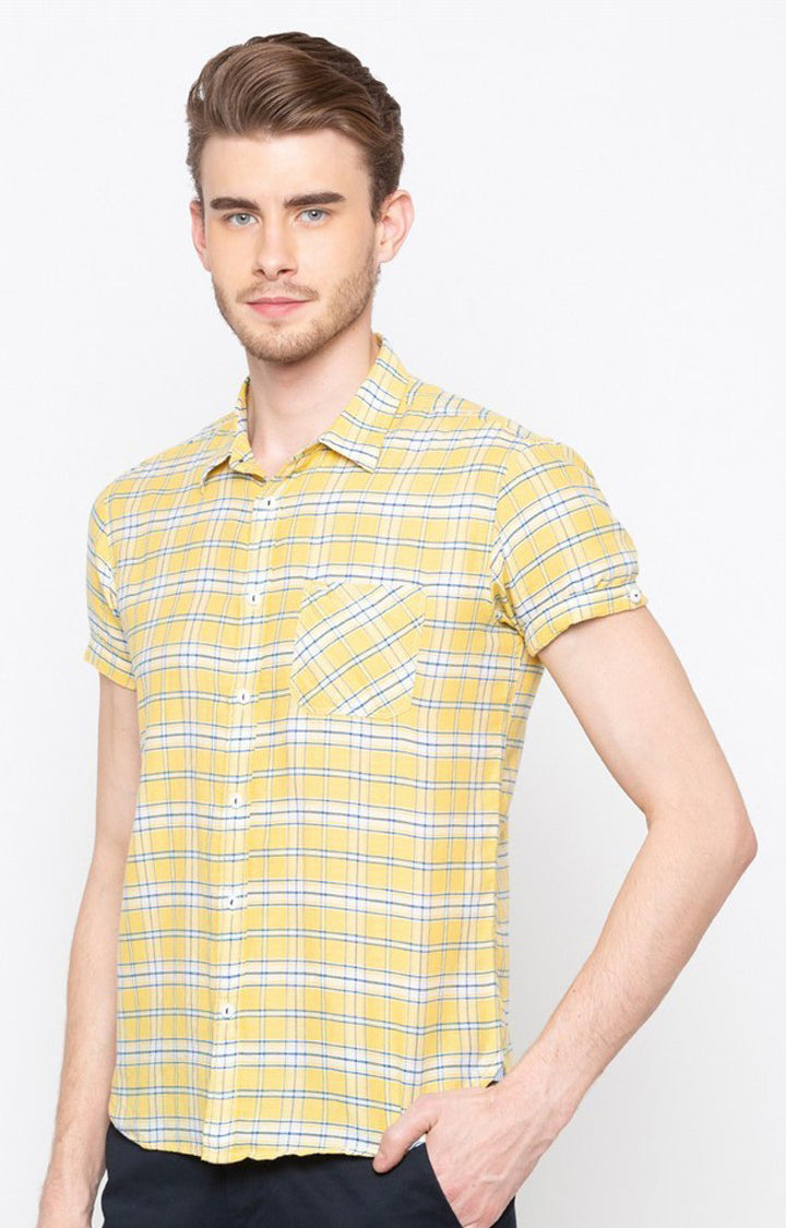 Spykar Men'S Yellow Cotton Checked Casual Shirts