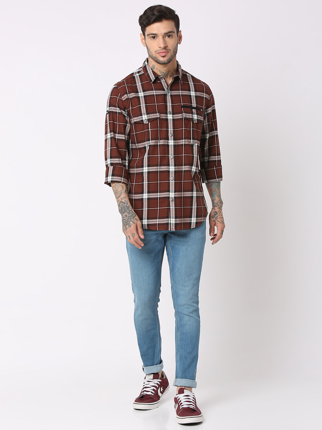 Spykar Men Brown Cotton Regular Fit Checkered Shirts