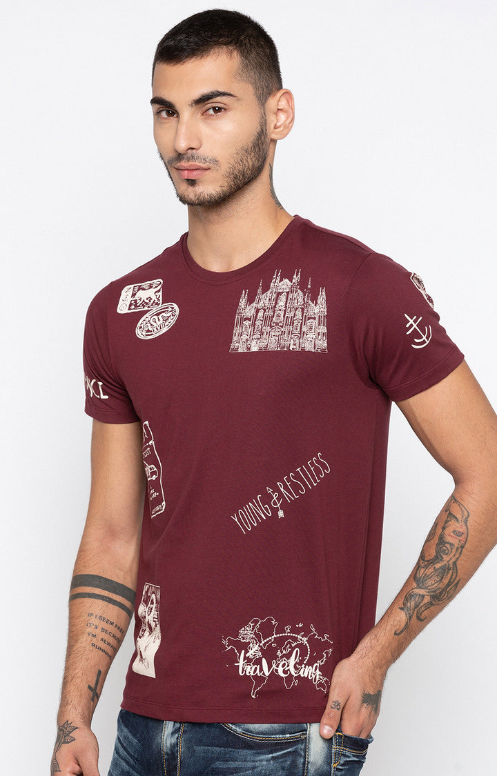 Spykar Wine Printed Slim Fit Men T-Shirts