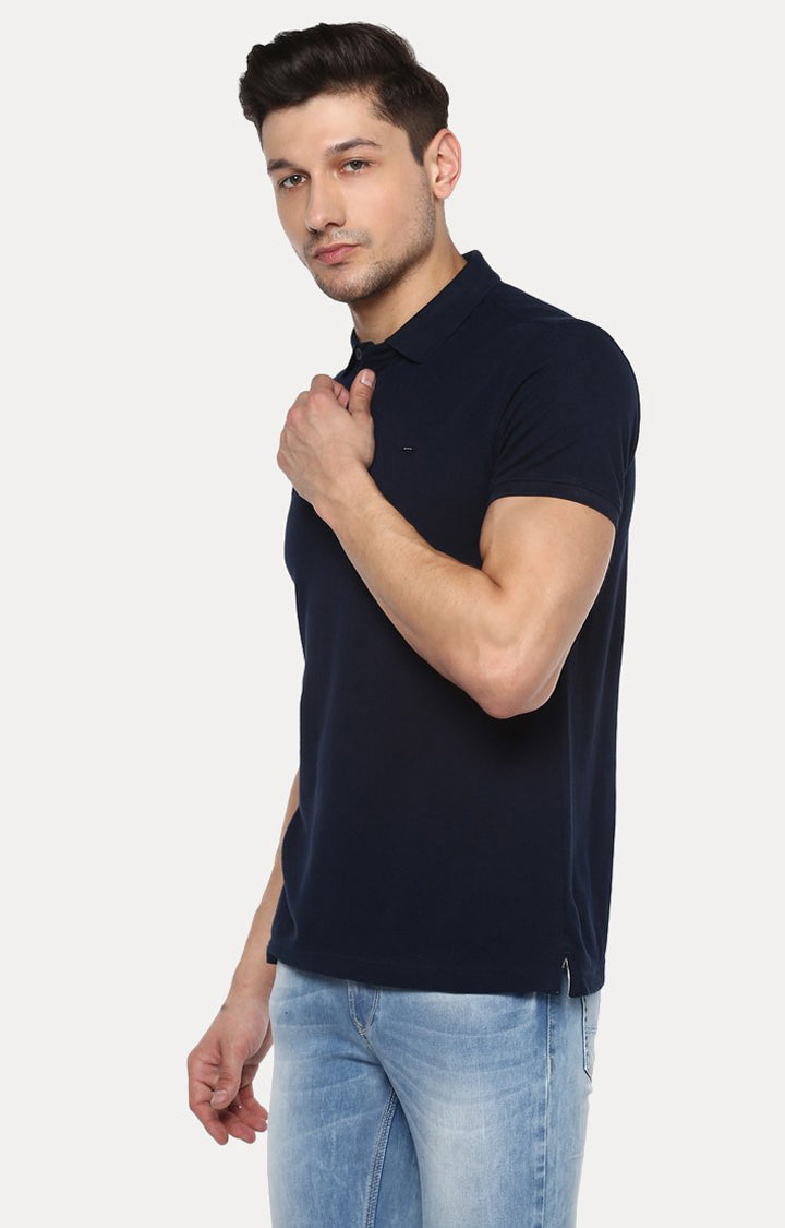 Spykar Blue Solid Slim Fit Polo T-Shirt