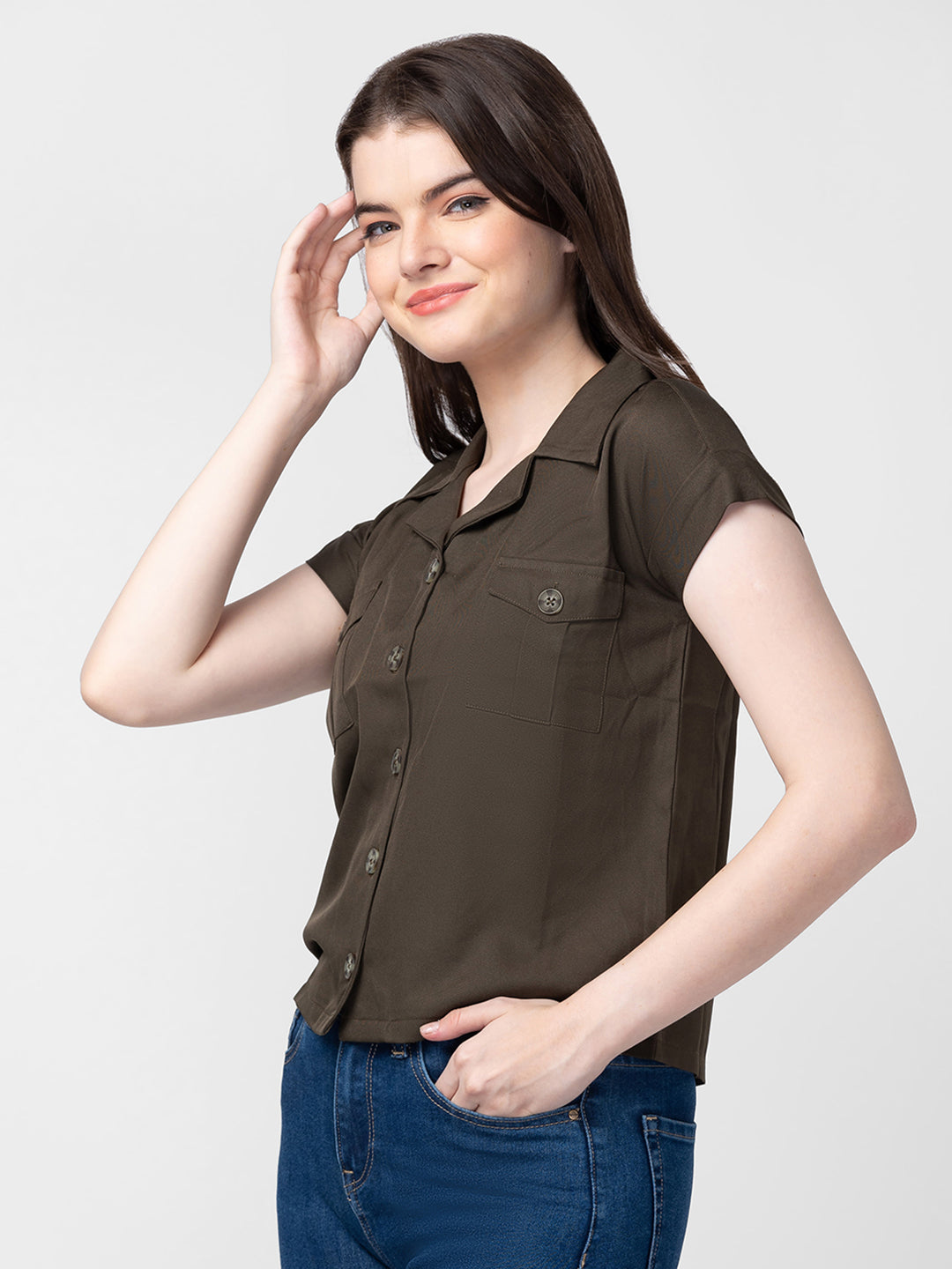 Spykar Women Olive Cotton Slim Fit Half Sleeve Plain Shirts