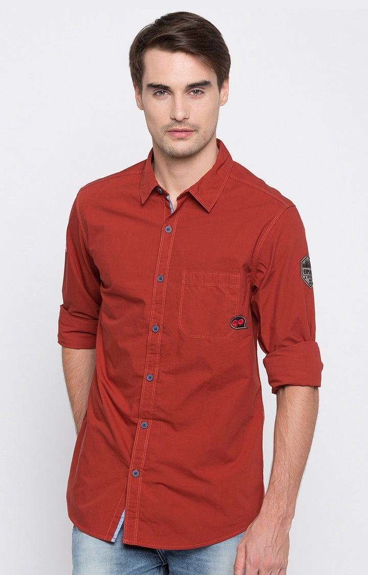 Spykar Men'S Red Cotton Solid Casual Shirts