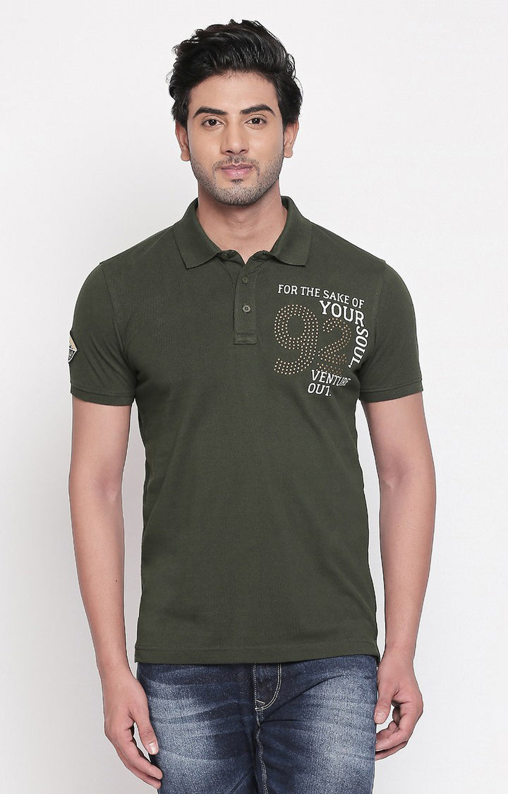 Spykar Olive Printed Slim Fit Polo T-Shirt