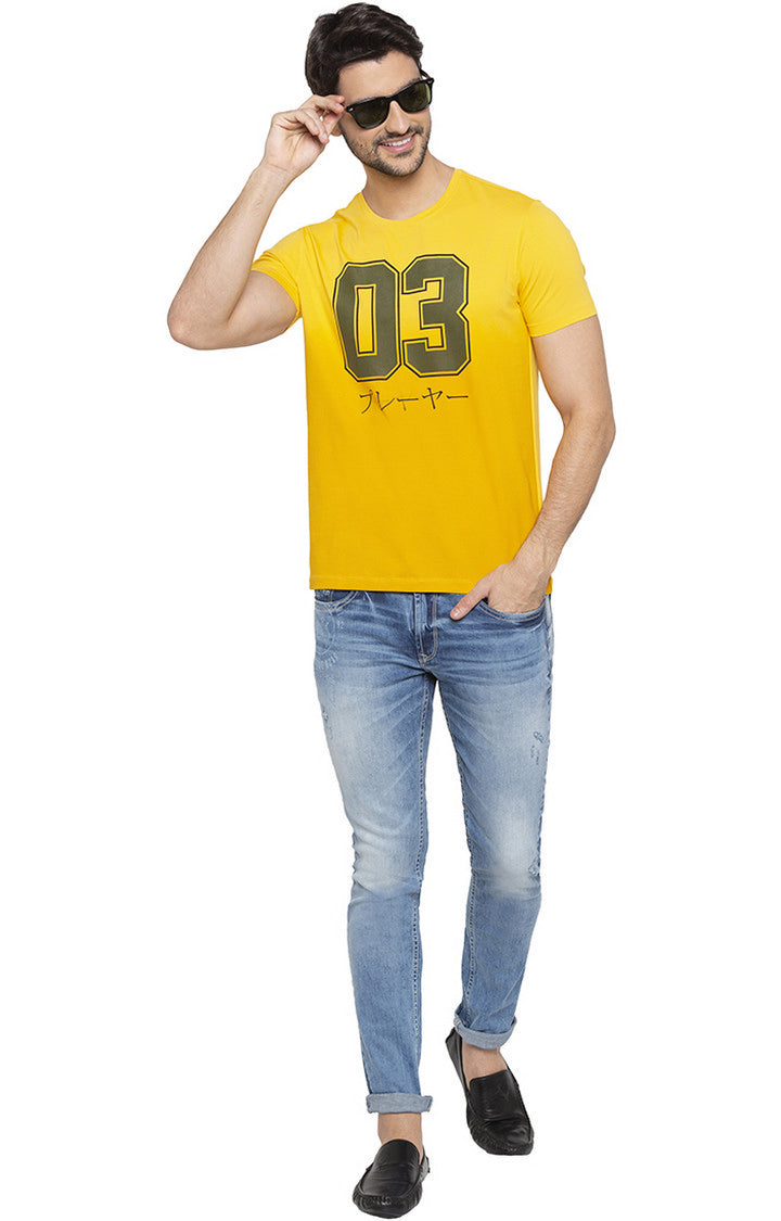 Spykar Men Yellow Cotton Slim Fit Round Neck T-Shirt