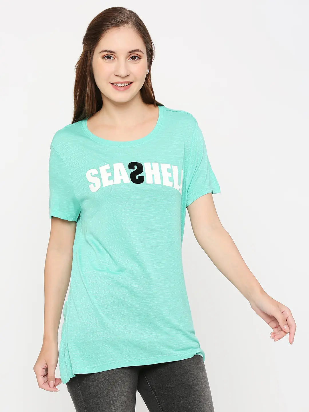 Spykar Women Green Cotton Slim Fit Round Neck Printed Tshirt